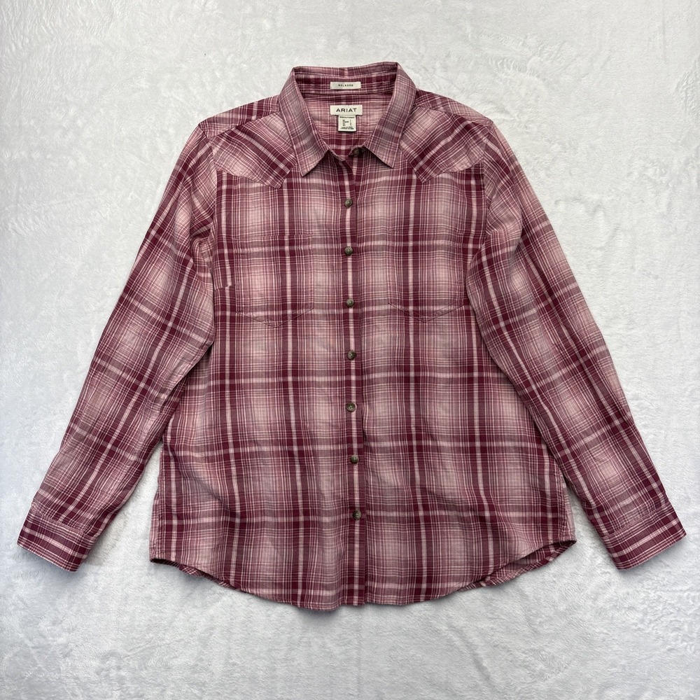 Ariat Billie Jean Western Shirt Women L Pink Plaid Cowgirl Cottagecore